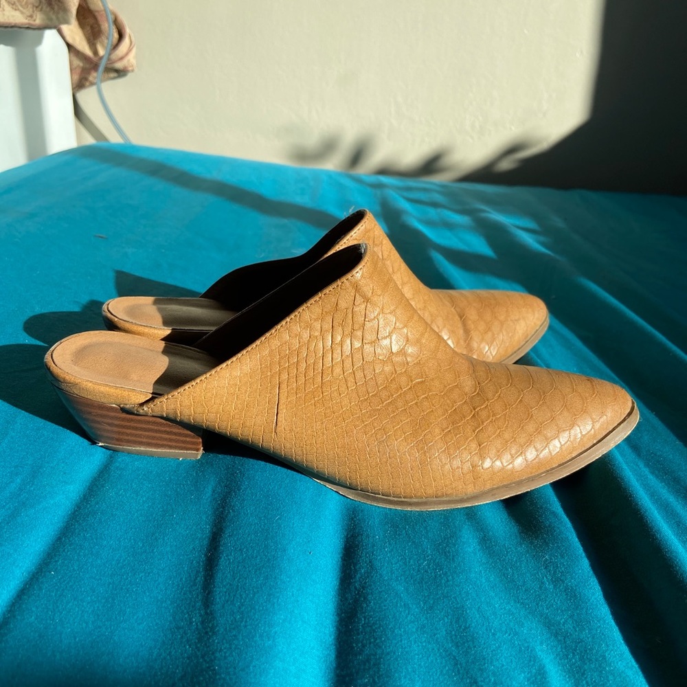 Nude snakeskin low heel mule